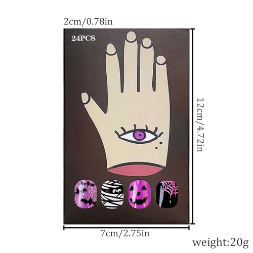 Halloween Press on Nails Short Square Fake Nails with Bat & Spider Web Designs Purple Gradient False Nail Sliver Glitter Stick on Nail Glue on Nails Bling Artificial Acrylic Nail for Women 24Pcs - color: Halloween style 02