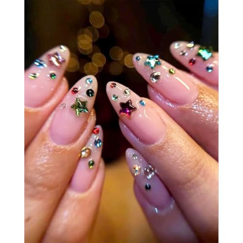 200pcs Colorful Crystal Star Nail Art Charms Mixed Size Color 3D Stars Nail Rhinestones Flat Back Star Nail Gems Crystal Pentagram Nail Diamond DIY Acrylic Nail Supplies Nail Accessories (Star) - color: Star