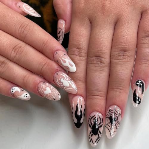Halloween Press On Nails, Almond Spider Ghost Web Design, Black Nude - color: style 13