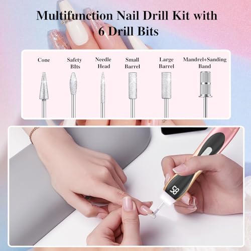 Cordless Nail Drill, Electric Efile Nail Drill with 6 Drill Bits