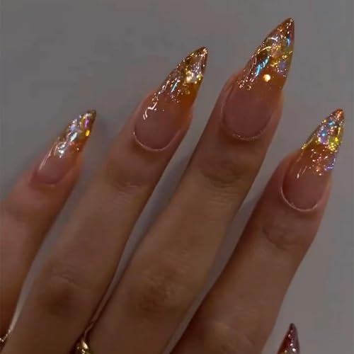 MISUD Press on Nails - Long Stiletto Glue on Nails with Orange Ombre, Acrylic Bling Glitter Rhinestone Design 24 pcs - color: 06122Orange