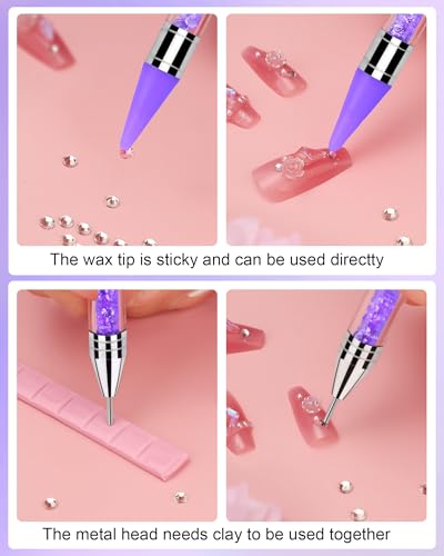 Difenni Rhinestone Picker Tool, Wax Pencil for Rhinestones Tool, Dual-Ended DIY Nail Bedazzling Tools with 4 Extra Purple Replaceable Wax Head and 1 Tweezer(Purple) - color: Purple B