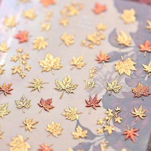 Fall Nail Stickers for Nail Art Autumn Maple Leaves Nail Decals 5D Embossed Thanksgiving Day Gold Maple Leaf Nail Art Supplies Red Leaf Nails Accessories for Women - color: Decals-h