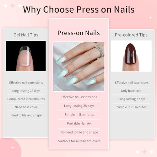 Blue Cat Eyes Press On Nails,12 Size - 24 Pcs Soft Gel Blue Catseye Medium Coffin Fake Nails Kit with Nail Glue, Natural Reusable Stick On False Manicure for Women Girls (Skycloud Nail) SK0718 - color: SK0718-Sky Blue