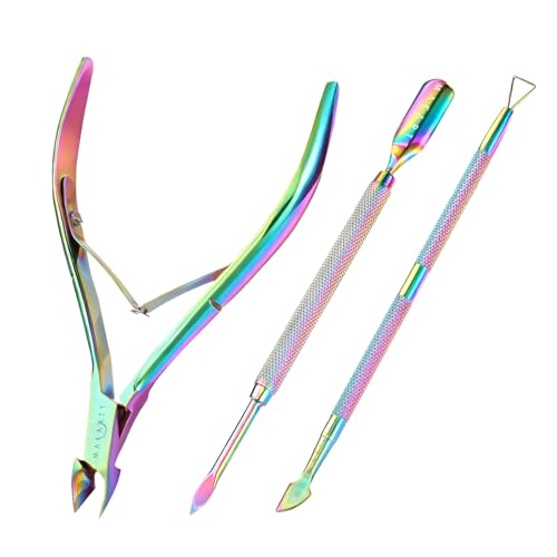 Makartt 3-Pack Rainbow Titanium Cuticle Nipper, Pusher Set - size: Rainbow Titanium-3pcs