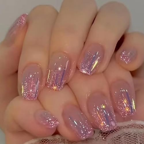 Short Press on Nails Square,RTKHFZE Glitter Fake Nails Glossy Nude False Nails Full Cover Acrylic Stick on Nail 24Pcs Nails Press ons for Women - color: Short Press on Nails Square