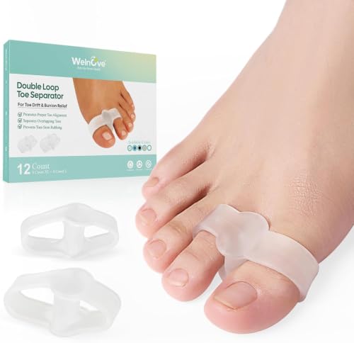 Welnove Pack of 12 Bunion Corrector, Toe Separators with 2 Loops, Big Toe Spacer Suitable for Bunion and Overlap Toe (Clear, Multi Size)