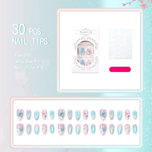 Glitter Press On Nails Medium Almond Fake Nails Press Ons With Butterfly Design Light Blue Acrylic Nails White Flower Pearl False Nails Glue On Nails For Women - color: Design-20