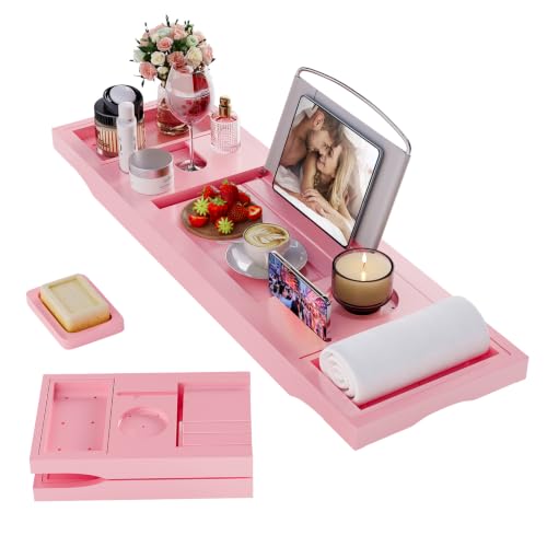 Foldable Bathtub Tray Caddy with Soap Dish Adjustable 29.5-43'' Pink - color: Pink