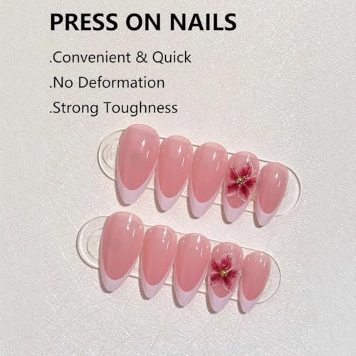 White French Tip Press on Nails Medium Almond - 3D Flowers - color: Style-02
