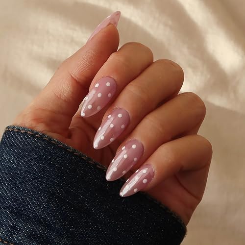 Qsnidy Pearlescent Press on Nails - Glazed Polka Dots, Medium Almond - color: Glazed Polka Dots