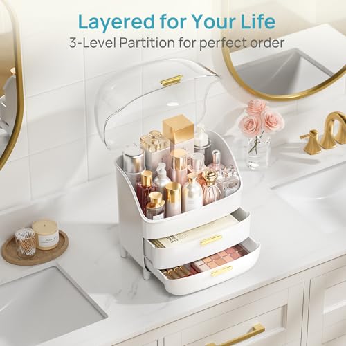 Vtopmart 3-Tier Skincare Makeup Organizer with Drawer and LId, White - color: White, size: With Lid