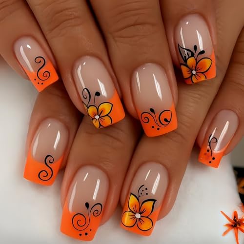 24pcs Orange French Tip Press on Nail Medium Length Square Fake Nails with designs Stick on Nail Glossy Full Cover False Nails Reusable Glue on Nails for Women Summer Manicure - color: s38