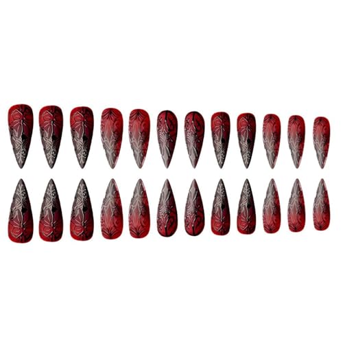 Halloween Press on Nails Medium Stiletto Almond Nails Press ons Black Red Fake Nails Full Cover Glossy Stick on Nail 3D Terror Stripe with Designs Glue on False Nail for Women 24Pcs - color: Black Red-5