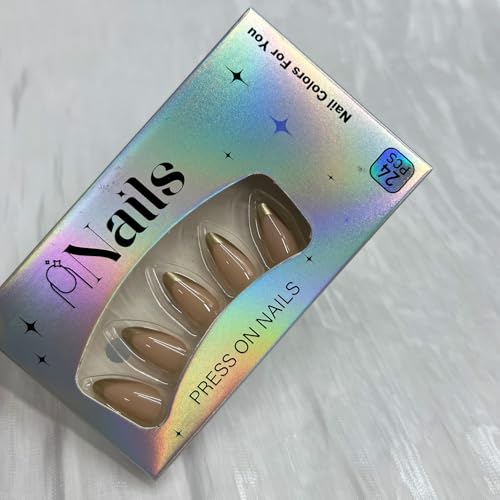 Gold French Tip Press on Nails Medium Almond Fake Nails Glossy Nude Base Glue on Nail Full Cover Artificial Nail for Women Party Wedding Daily Wear 24 Pcs - color: Gold