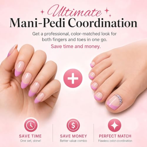 48pcs Press on Nails with Toe Nails Set, Almond Pink French Tip Fake Nails & Short Square False Toenails with Glitter Rhinestones, Glossy Glue on Nails Manicure Pedicure Kit for Women Girls - color: Pink French