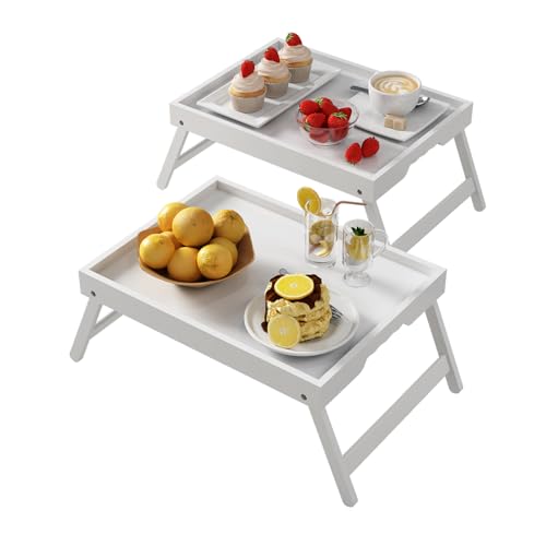 Youpehom Bamboo Bed Tray Tables with Folding Legs, Medium, 2-Pack, White - color: White-2 Pack, size: Medium