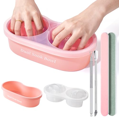 Dual Nail Soaking Bowl for Both Hands, Acetone-Proof Manicure Soak Bowl Kit - color: D1-Pink for big hands