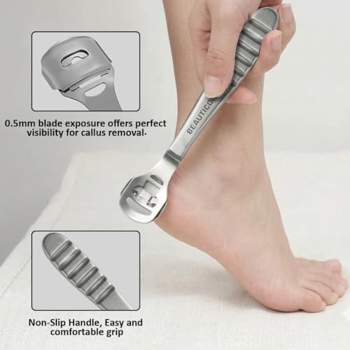 BEAUTICONE Professional Callus Shaver for Feet – Foot Scraper Pedicure Razor with Replaceable Blades – Hard Skin Remover for Cracked Heels & Dead Skin – Pedicure Foot Care Tool for Home & Salon Use - color: Silver