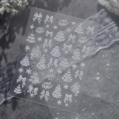 1 Sheet Christmas Nail Stickers 5D Embossed Winter Nail Decals White Snowflake Lace Xmas Tree Bow Nail Art Sticker with Rhinestones Design Christmas Nail Supplies for Women Manicure - color: Christmas02
