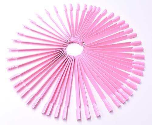 2 Sets 100 Tips Fan Shape Plastic Nail Art Tips Display Polish Board Display Practice Sticks with Metal Split Ring Holder (Pink) - color: Pink