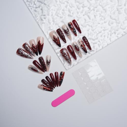 Gothic Stiletto Press On Nails Y2K Dark Red Fake Nails 3D Embossed Heart Flower Designs Full Cover Glossy Glue On Nails Goth Acrylic False Nails for Women Punk Halloween Nail Decor 24Pcs - color: special Gothic-17
