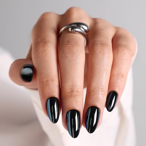 SHANGMENG Halloween Press on Nails, Almond Short Black Chrome Fake Nails - color: Liquid Onyx