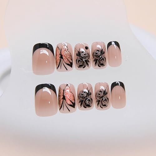 RTKHFZE Short Press on Nails Square Black Butterfly Fake Nails with Design Exquisite Stick on Nails Full Cover Acrylic Glossy Glue on Nails Artificial Nails for Women Manicure Decorations 24Pcs - color: style011