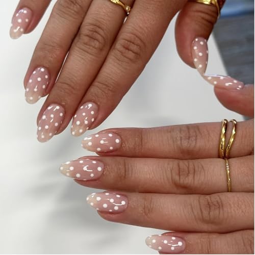 Nude Press On Nails Almond White Polka Dot 24PCS - color: 0092-White Polka Dots