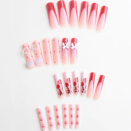MISUD Press on Nails - Extra Long Square Glue on Nails with Red French Tip, Acrylic Cherry Bow Design 24 pcs - color: 07801Red