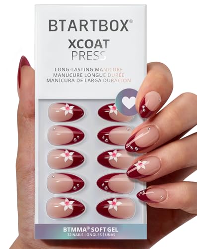 BTArtbox Press On Nails, Rococo Bloom, Short Almond, Red French, 32Ct - color: A1-Rococo Bloom