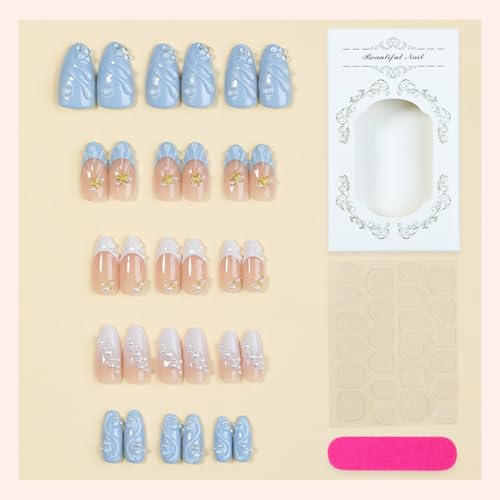 30Pcs Summer Ocean Press on Nails Medium Almond Fake Nails with 3D Pearl Starfish Waves Designs Blue French Tip Acrylic Nail Summer Nails Press On Reusable Glue on Nails for Women Manicure