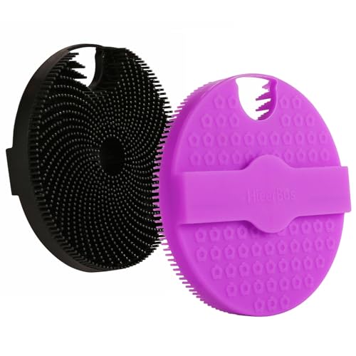 Silicone Body Scrubber Shower Brush 2 Counts,Super Exfoliating Body Brush with Non-Slip Strap-Effective Showering Exfoliation and Gentle Massage for Men Wome,Durable Use Brush (Black+Purple) - color: Black+purple