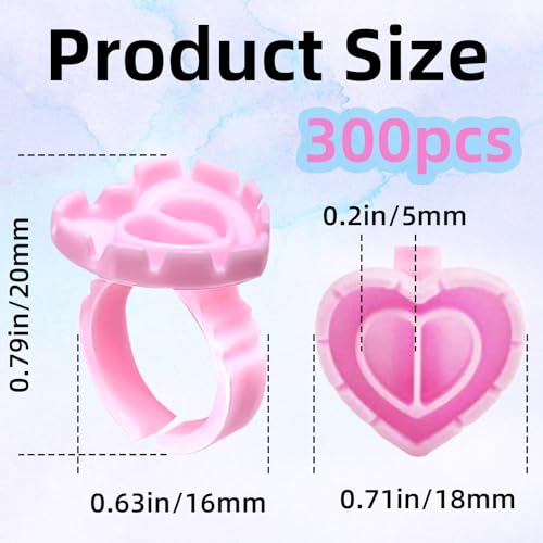 300PCS Pink Disposable Glue Rings for Eyelash Extensions, Adjustable Pigment Holder Cups for Eyebrow Eyeliner Nail Art, Flexible Plastic Lash Rings, Lightweight Professional Beauty Supplies - size: heart pink