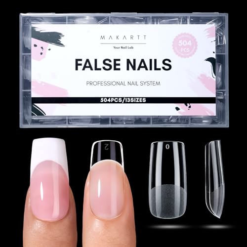 Makartt Medium Square Nail Tips: 504 PCS Pre-Etched Clear False Nails Tips Square Shapes, 13 Sizes Full Cover Half Matte Soft Acrylic Press On Nail Extensions Supplies Salon and DIY at Home - size: Medium Square