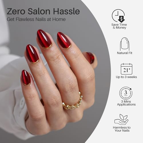 SHANGMENG Cherry Red Cat Eye Press on Nails Almond Short with 3D Gold Tail - color: Ruby Luxe