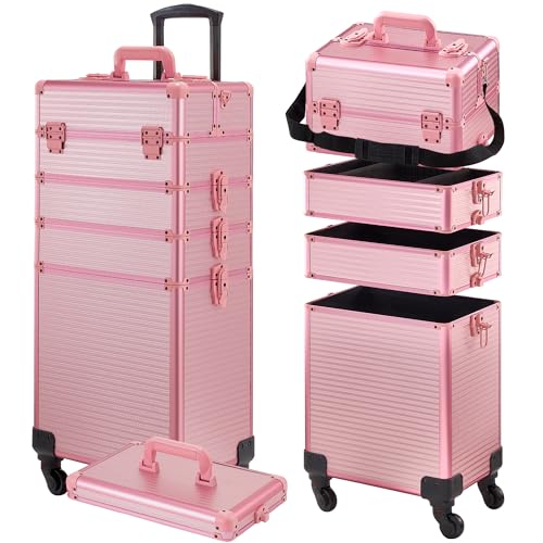 Rolling Makeup Case, Makeup Train Case with Lid, 5 in 1 Cosmetology Case on Wheels, Christmas Gift, Large Makeup Case Organizers, Profesional Cosmetic Case for Salon Barber, Pink - color: Pink