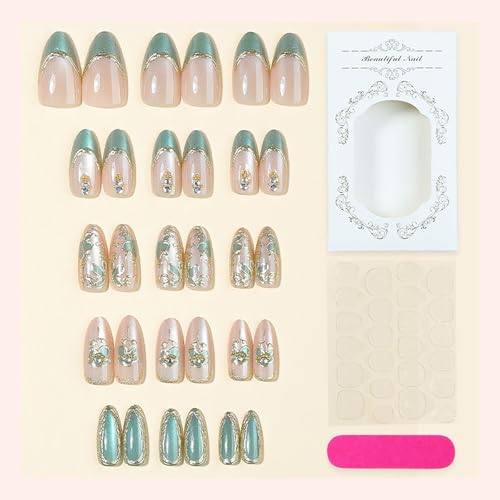 RUOKEXIN Long Almond Press on Nails French Tip Fake Nails Green False Nails with 3D Gold Flower Designs Stiletto Nail Press ons Sparkly Artificial Nails for Women 30Pcs - color: Almond Style 11-17