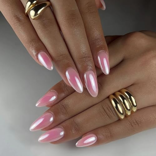 Qsnidy Pearlescent Press on Nails - Glazed Aura, Medium Almond - color: Glazed Aura