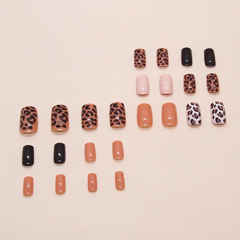 24Pcs Leopard Print Press on Nails Medium Square Fake Nails With Brown Leopard Print Fall Nude Y2K Retro Cheetah Designs Acrylic False Nails Full Cover Glue on Nails Glossy Stick on Nail For Women - color: style19