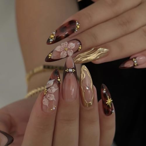 Fall Brown Press on Nails Medium Almond - Tortoiseshell & 3D Flowers - color: D-48