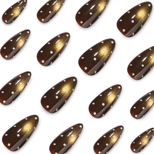 Brown Press on Nails Almond, Fall Winter Cat Eye, Polka Dots, Medium - color: Style-37