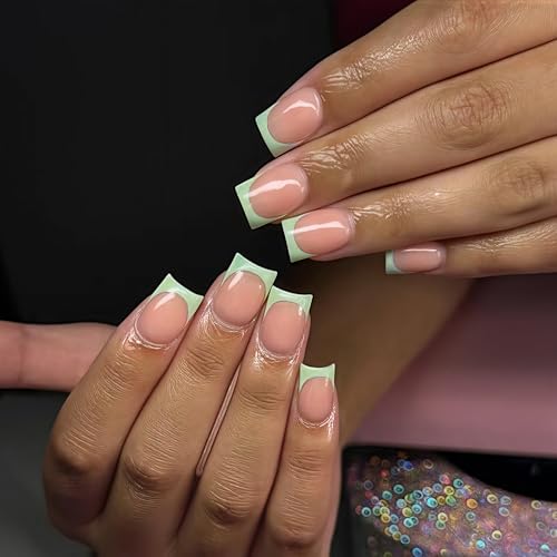 SXVME 30 Pcs Light Green French Tip Press on Nails Short Square, Acrylic Fake Nails Press ons, Small Coffin Acrylic Natural Nude Glue on Nails for Women, 15 Sizes - color: square mint green