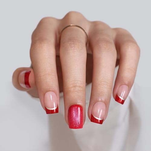 SHANGMENG Halloween Red French Mixed Cat eye Press on Nails Square Short - color: Muse Flame