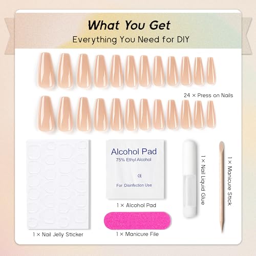 Qsnidy Ballerina Press on Nails - Nude, Extra Long Coffin - color: Nude