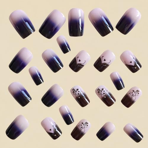 Square Press on Nails Medium Fake Nails with Ombre Designs Love Nails Press ons Black Glue on Nails Glossy False Nails Lines Stick on Nails for Women 24Pcs - color: Ombre Designs-2