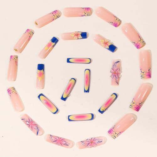 Press on Nails Square Long 24Pcs Acrylic 3D Flower & Gold Beads - color: 34