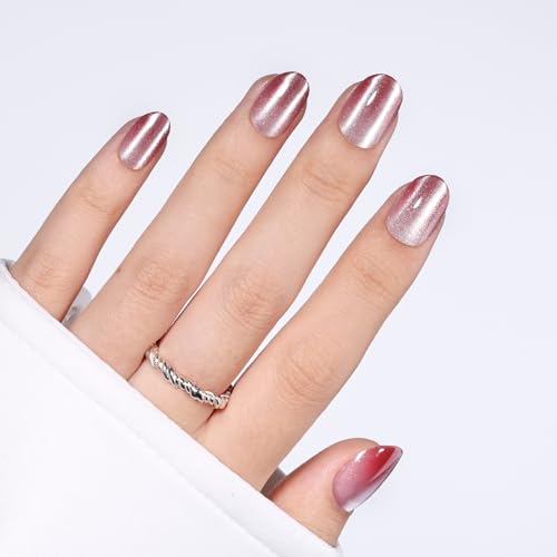Light Berry Pink Cat Eye Press On Nails, Short Oval Reusable Nails - color: F3-Rose Glow