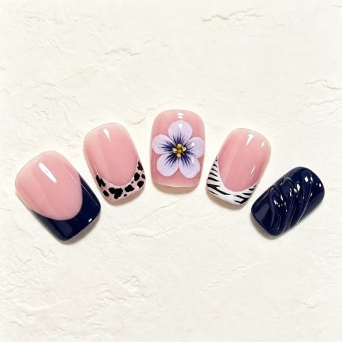 Fall Blue Press On Nails Short Square Duck Fake Nails With Flower Designs - color: fallnails20