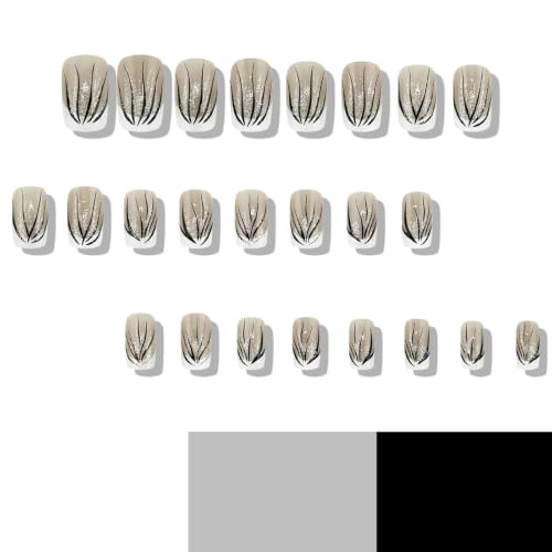 French Tip Press on Nails Medium Square Fake Nails with Glitter Lines Designs White Nails Press ons Nude Black Glue on Nails Glossy Acrylic Nails Artificial Stick on Nails for Women 24Pcs - color: Glitter Lines Designs